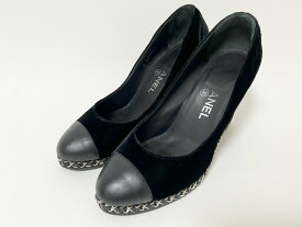 CHANEL シャネル ウエッジソール パンプス レディース 靴 チェーン ブラック ベロア G27948 サイズ：371/2【中古】