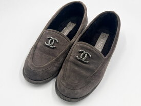 CHANEL シャネル レディース ローファー スエード ファー グレー サイズ:38 G45886【中古】