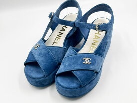 CHANEL シャネル レディース 厚底 サンダル 靴 シューズ スエード カーフスキン ブルー ラインストーン サイズ：38 24P G45594 B16014 NV985 新品同様【中古】