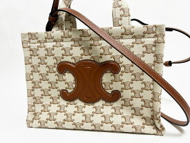 セリーヌ CELINE トリオンフ スモール カバ タイス ハンドバッグ ショルダーバッグ アイボリー ブラウン キャンバス レザー 199162FRF 新品同様【中古】