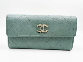 CHANEL シャネル グレインドカーフスキン キャビアスキン ロングフラップウォレット 長財布 2つ折り グリーン シャンパンゴールド金具 マトラッセ 31番 新品同様 【中古】