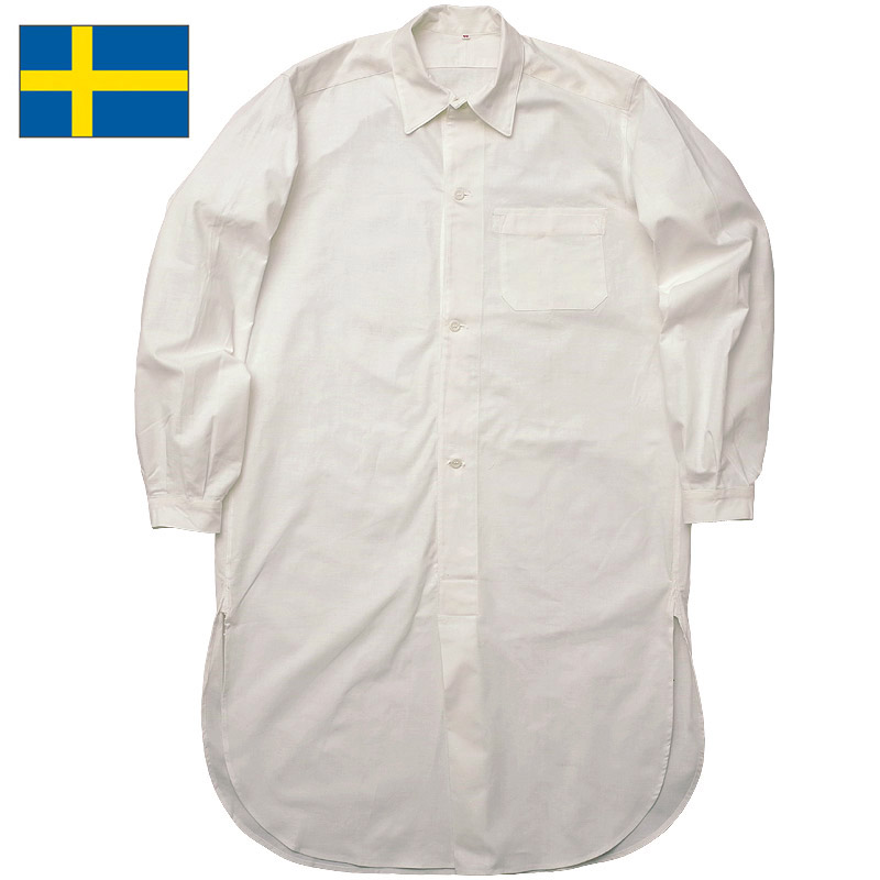 スウェーデン軍 グランパシャツ 4ボタン デッドストック ホワイト 長袖 スリーピングシャツ 白 ロング丈 メディカルプルオーバー メンズ 裾長  ロングスリーブ パジャマシャツ ラウンドボトム カジュアルシャツ | ミリタリー百貨シービーズ