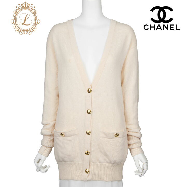 CHANEL ホワイト カーディガン 長袖 シャネルロゴ入りボタン