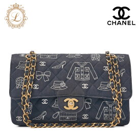 CHANEL シャネル マトラッセ Wフラップ25　アイコンプリント　 チェーンショルダー 　キャンバス　バイカラー　黒（ゴールド金具） ショルダーバッグ レディース 【中古】【送料無料】