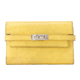 HERMES エルメス 　ケリーウォレット 　2つ折り長財布　ミディアム　オーストリッチ　 ジョーヌナプル　JanueNaples　シルバー金具 　レディースウォレット レディース長財布【中古】【送料無料】