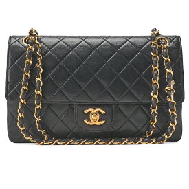 CHANEL ラムスキン マトラッセ Wストレートフラップ　25 チェーンショルダー　黒　 ゴールド金具　レディースバッグ　ブランド【中古】【送料無料】