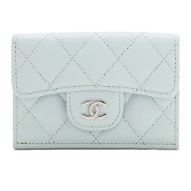 CHANEL シャネル 　マトラッセ　ココマーク　三つ折りコンパクト 財布 　キャビアスキン　ライトブルー（シルバー金具）レディースウォレット 財布 【中古】【送料無料】