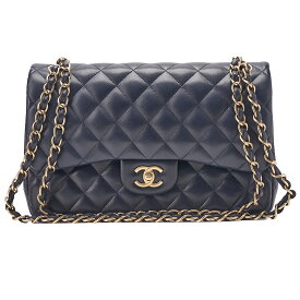 CHANEL シャネル 　デカマトラッセ　ダブルフラップ　ターンロック 　チェーンショルダーバッグ 　ラムスキン 　ネイビー（ゴールド金具）レディースバッグ ハイブランド【中古】【送料無料】