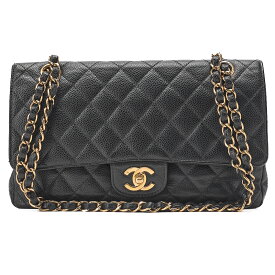 CHANEL シャネル 　マトラッセ　 ターンロック 　ダブルフラップ25 　チェーンショルダーバッグ 　キャビアスキン 黒（ゴールド金具）レディースバッグ ハイブランド【中古】【送料無料】
