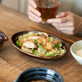 asumi(彩澄) 渦紋楕円皿 アメ色 日本製 美濃焼 和食器 長皿 変形皿 ロングプレート Re食器 SDGs リサイクル サステナブル