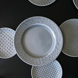 小田陶器 吉祥-kissho- 19.5cmリム皿 唐草 薄灰 日本製 美濃焼 和食器 丸皿 丸プレート