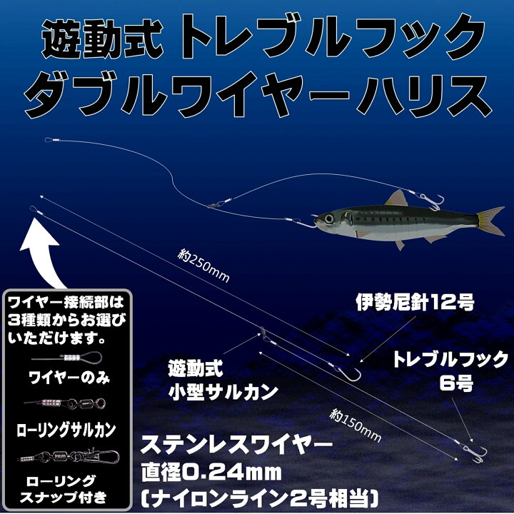 楽天市場 ダブル ワイヤーハリス トレブルフック 直径0 24mm ３種のワイヤー接続部 飲ませ釣り 仕掛け ノマセ釣り 仕掛け 泳がせ釣り 仕掛け ヒラメ釣り ヒラメ 仕掛け 飲ませ釣り 竿 飲ませ釣り リール 飲ませ釣り 針 飲ませ釣り エサ 飲ませ釣りコツ 飲ませ釣り 船 飲
