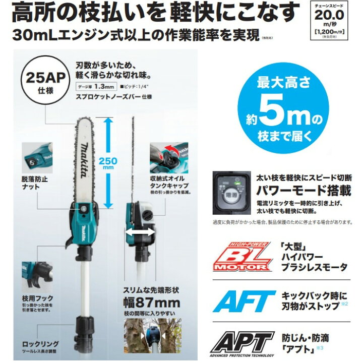 楽天市場】マキタ(makita) MUA251DZ 充電式高枝チェンソー 18+18=36V 