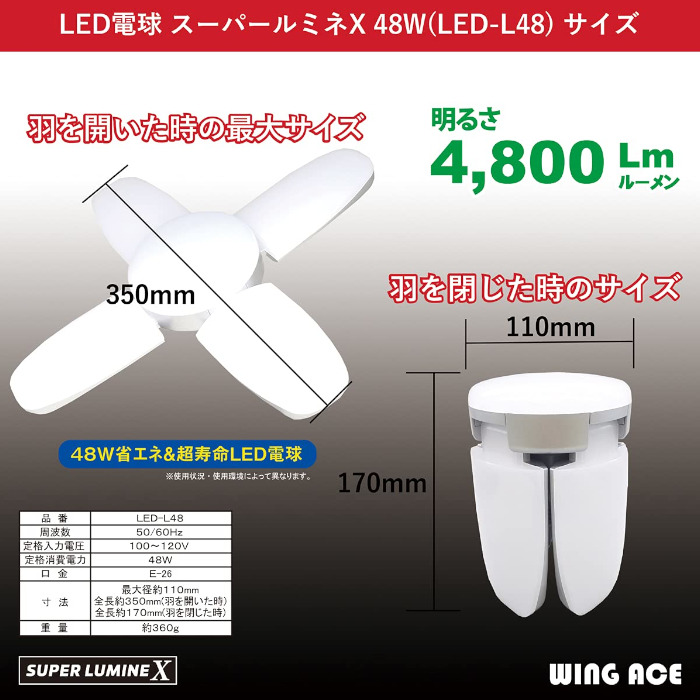 WING ACE LED-L48 スーパールミネ X 替球 定格消費電力:48W 口金:E-26 | ヤマタカナモノ楽天市場店