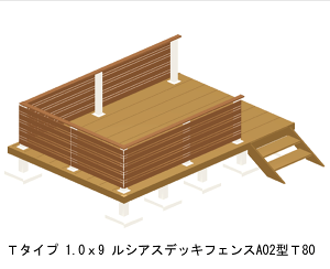 ウッドデッキ 人工木 樹脂 リウッドデッキ200 Tタイプ 1間9尺（1851×2720mm） 基本 3点セット （ デッキ + ルシアスフェンスA02型 T80 + ステップ） （YKK AP）
