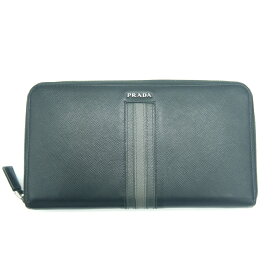 【中古】PRADA プラダ サフィアーノ ストライプライン オーガナイザー ラウンドファスナー 長財布 ブラック グレー Y02663