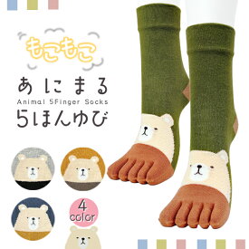 もこもこ あにまる 5本指ソックス クマ柄 つま先切替デザイン クルー丈 全4色 グレー ネイビー グリーン イェロー 五本指靴下 レディース 23-25cm アニマル くま bear【RCP】(21E)