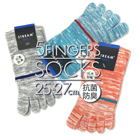 5本指ソックス 抗菌防臭 クルーソックス 綿混 カジュアルデザインシリーズ ポイントライン杢デザイン 25-27cm ふくらはぎ丈 25cm 26cm 27cm メンズ 紳士【RCP】(24Z)