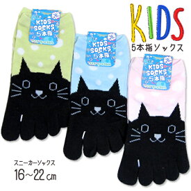 五本指ソックス[子供用キッズ靴下/スニーカーソックス]16-22cm　お魚どこかにゃ★ネコさん柄　表糸綿100％ のび〜るKID'S靴下 ねこ さかな【RCP】(26L-[520720-5])