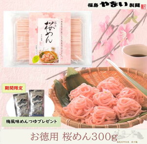 お徳用 桜めん 300g  桜の葉  国産 静岡 梅 つゆ 付 ノンオイル 麺 手延べ うどん約 4人前 福島 やない製麺