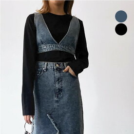 デニム ビスチェ レディース 【 送料無料 】 トップス ショート丈 クロップド 無地 人気 レイヤード カジュアル おしゃれ ファッション小物 重ね着 韓国ファッション ギャル シンプル ママ ファッション 2217018111