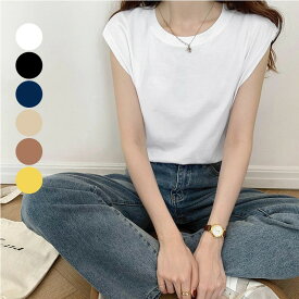 フレンチスリーブ Tシャツ レディース 【 送料無料 】 無地 ノースリーブ トップス 二の腕カバー ワイド ビックシルエット サイズ 韓国ファッション クルーネック スポーティー 半袖 1HUAJT-001