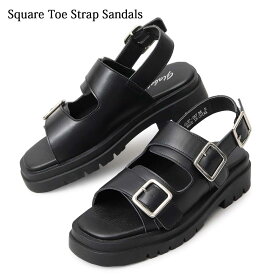 SQUARE TOE STRAP SANDALS サンダル メンズ 厚底サンダル ベルトサンダル ストラップサンダル レザーサンダル スクエアトゥ 厚底 フェイクレザー シンプル モード 春夏 ブラック 25cm~27cm 展開 S~L S M L 2連ベルト バックストラップ メタルバックル 厚底ソール PUレザー