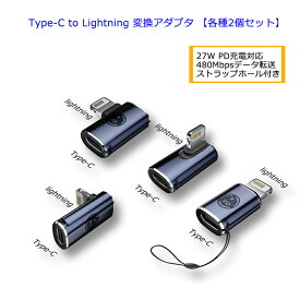 USB Type-C to Lightning 変換アダプタ PD充電対応 タイプC ライトニング コネクター 急速充電 高速データ転送 480Mbps 変換コネクタ ストラップホール ミニサイズ 紛失防止 ストレート型 L字型 各種2個セット