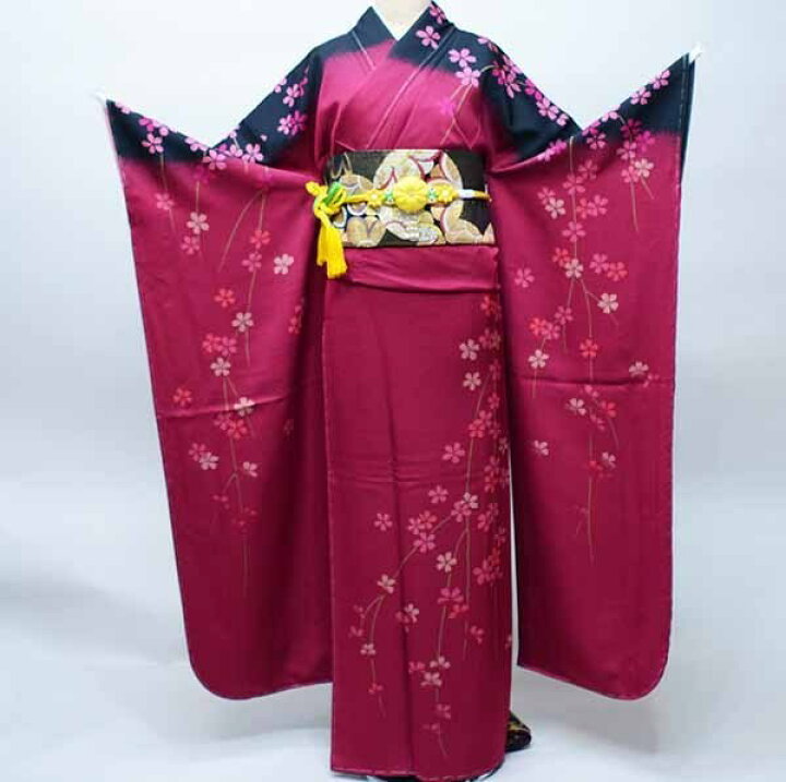 楽天市場】振袖 着物 フルセット 正絹 枝垂れ桜 黒ぼかし ピンク 
