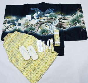 七五三 五歳 5歳 五才 5才 男児 男の子 羽織袴フルセット 着物 金刺繍 黒地 鷹 袴変更可能 お仕立て無料 祝着 新品(株)安田屋 NO37131