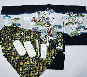 七五三 5歳 5才 五歳 五才 男の子 男児 正絹 羽織 着物 袴フルセット 黒地 暈し 手染め 宝船 生地は日本製 お仕立て無料 袴変更可能 新品(株)安田屋 NO37105