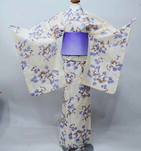 浴衣 女児 単品 ゆかた 150 145-155cm 13〜14才 綿100% ベージュ地 椿 新品(株)安田屋 NO40095