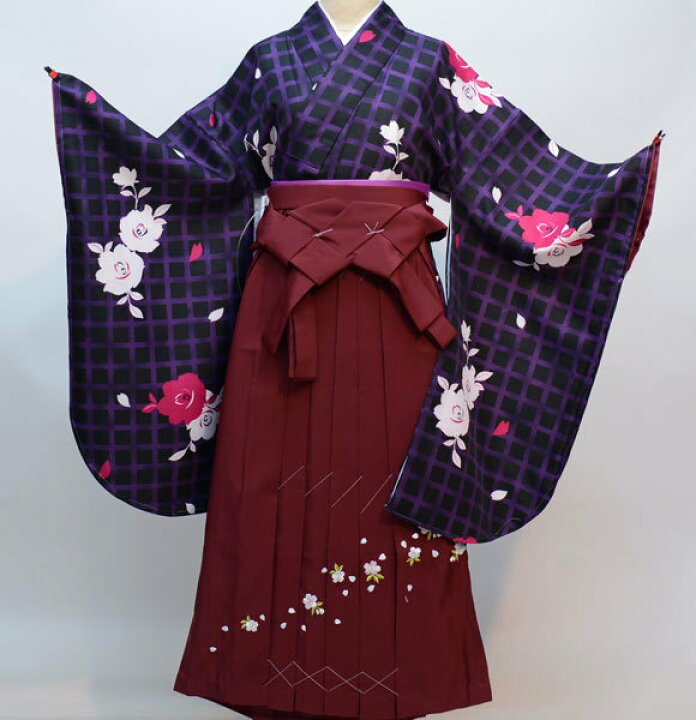 二尺袖 着物 袴フルセット 赤く 百花斉放 エンジ色 袴変更可能