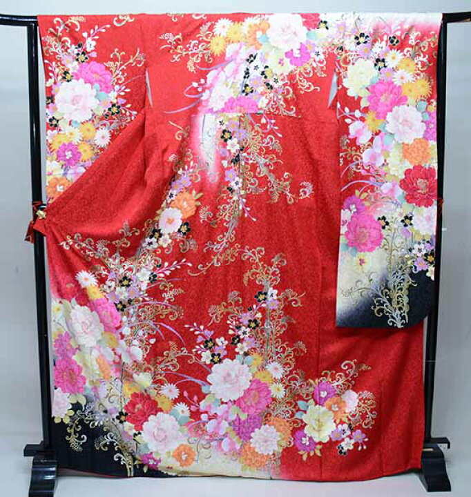 振袖 正絹 着物 単品 仕立て上がり 百花繚乱 花びらにラメ 濃赤 