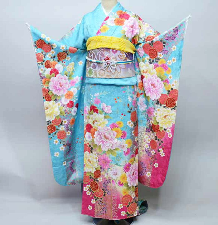 楽天市場】振袖 正絹 着物 単品 仕立て上がり 百花繚乱 金刺繍 青系 
