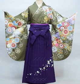 二尺袖 着物 袴フルセット ジュニア用へ直し 135cm～150cm From KYOTO カーキ色 袴変更可 卒業式 新品（株）安田屋 NO36796