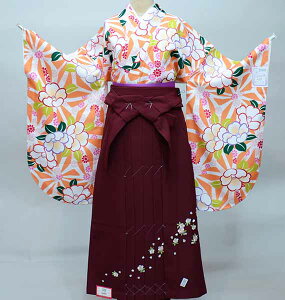 二尺袖 着物 袴フルセット ジュニア用へ直し 135cm〜150cm 陽気な天使 オレンジ色 袴変更可能 新品(株)安田屋 NO36866