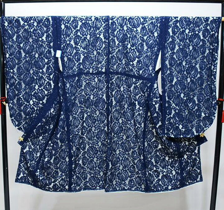二尺袖着物 単品 仕立て上がり 総レース ショート丈 紺色 NO36274