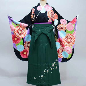 二尺袖 着物 袴フルセット ジュニア用へ直し 135cm〜150cm From KYOTO 黒地 袴変更可 卒業式 新品(株)安田屋 NO35840-1