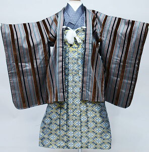 七五三 五歳 五才 5歳 5才 男児 男の子 羽織袴フルセット 羽織 袴 着物 祝着 おりびと 縞柄 着物はメタリックグレー お仕立て無料 新品(株)安田屋 NO35094