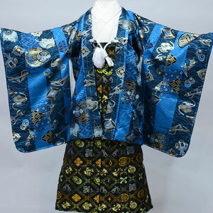 七五三 五歳 五才 5歳 5才 男児 男の子 羽織袴フルセット 羽織 袴 着物 祝着 おりびと 青地×濃紺 着物はアイボリー お仕立て無料 新品(株)安田屋 NO35119