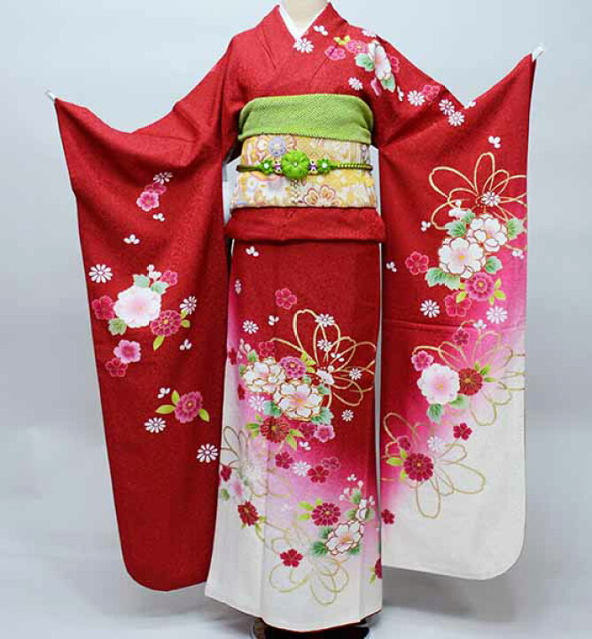 楽天市場】振袖 正絹 着物 単品 仕立て上がり 百花繚乱 ラメ 濃赤色 