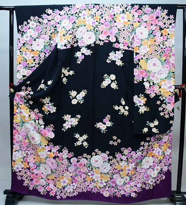楽天市場】振袖 正絹 着物 単品 仕立て上がり 百花繚乱 花刺繍 黒地 