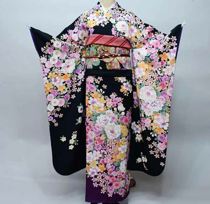 楽天市場】振袖 正絹 着物 単品 仕立て上がり 百花繚乱 花刺繍 黒地 