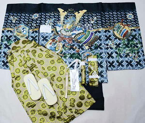 七五三 五歳 男児 羽織袴フルセット 着物 L寸 豪華絢爛 綸子地 黒地 兜 お仕立て無料 袴変更可能 祝着 5歳 五才 5才 男の子 新品(株)安田屋 NO37799