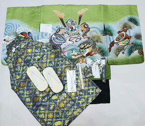 七五三 五歳 男児 羽織袴フルセット 着物 M寸 綸子地 黄緑地 兜 お仕立て無料 袴変更可能 祝着 5歳 五才 5才 男の子 新品(株)安田屋 NO37831