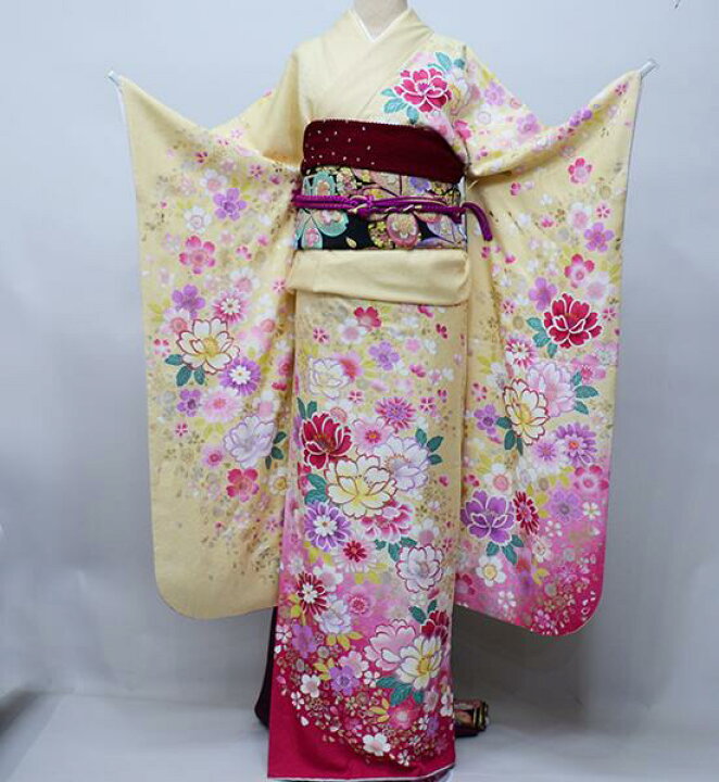 振袖 正絹 着物単品 仕立て上がり 百花繚乱 刺繍 金駒縫 黄色 NO40631 
