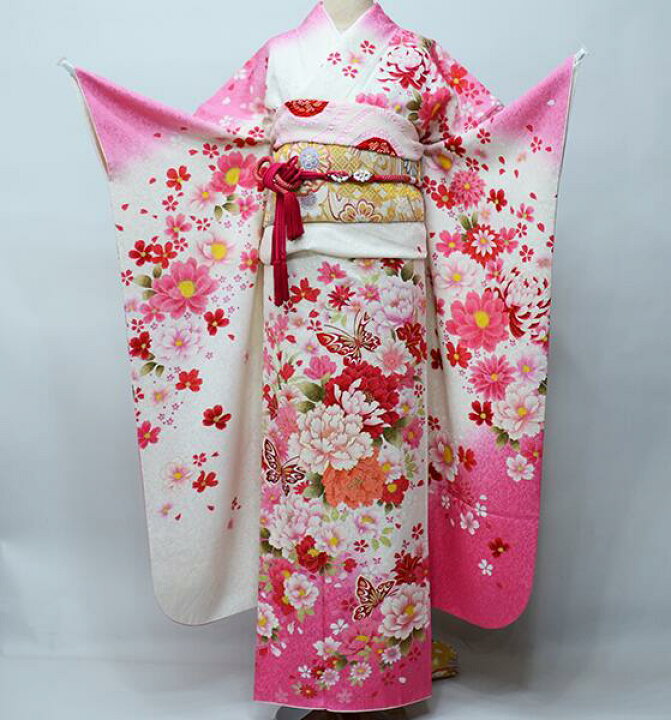 振袖 正絹 着物 単品 仕立て上がり 百花繚乱 白色×ピンク 成人式 結納 
