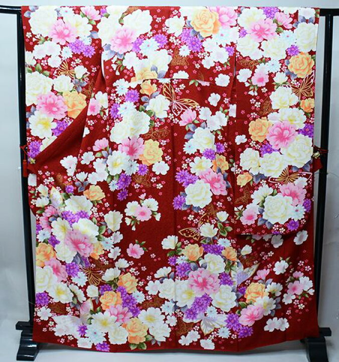 楽天市場】振袖 正絹 着物 単品 仕立て上がり 百花繚乱 薔薇 蝶々 赤色 