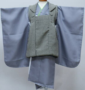 七五三 三歳 男児 被布着物セット 江戸小紋柄 グレー×黒 祝着 男の子 三才 3歳 3才 新品(株)安田屋 NO39811